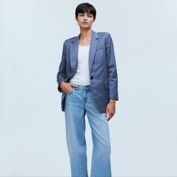 EUC Madewell Single-Breasted Blazer in Blue Yarn-Dyed Pinstripe Size 4 - Picture 1 of 11